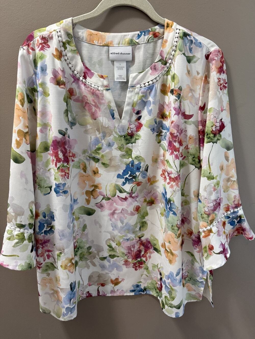 Alfred Dunner Women's Watercolor Floral Bell Sleeve Blouse L Cottagecore Fairy